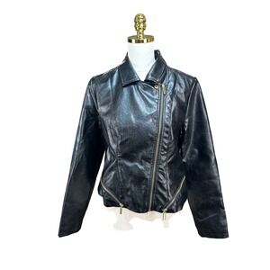 New Look Womens Black Faux Leather Moto Biker Jacket Gold Zip Size L RN 57686